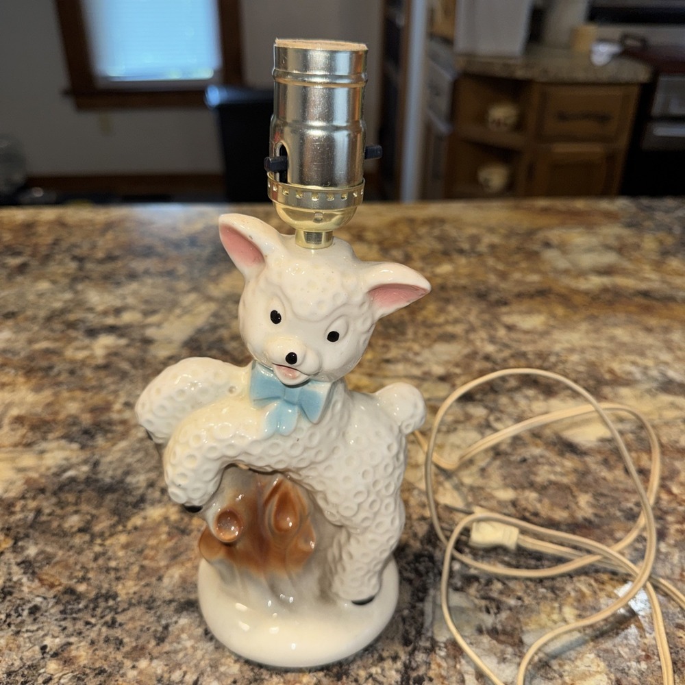 Vintage 1950s Ceramic Lamb Nursery Table Lamp White Sheep Mid Century Japan